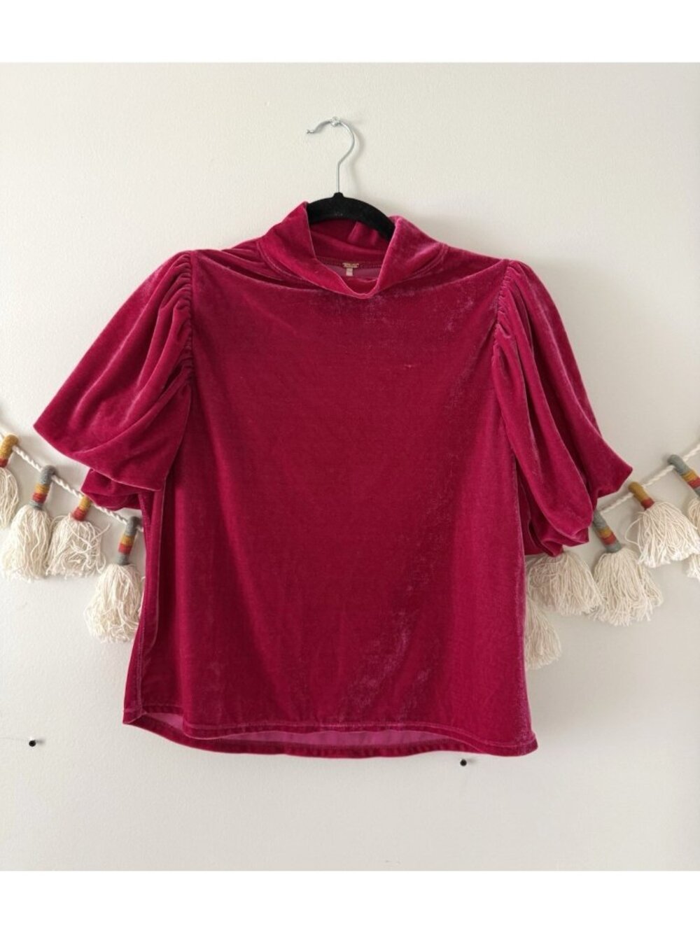 Free People Claudia Pink Velvet Puff Sleeve Mock Neck Top Glam Feminine Coquette